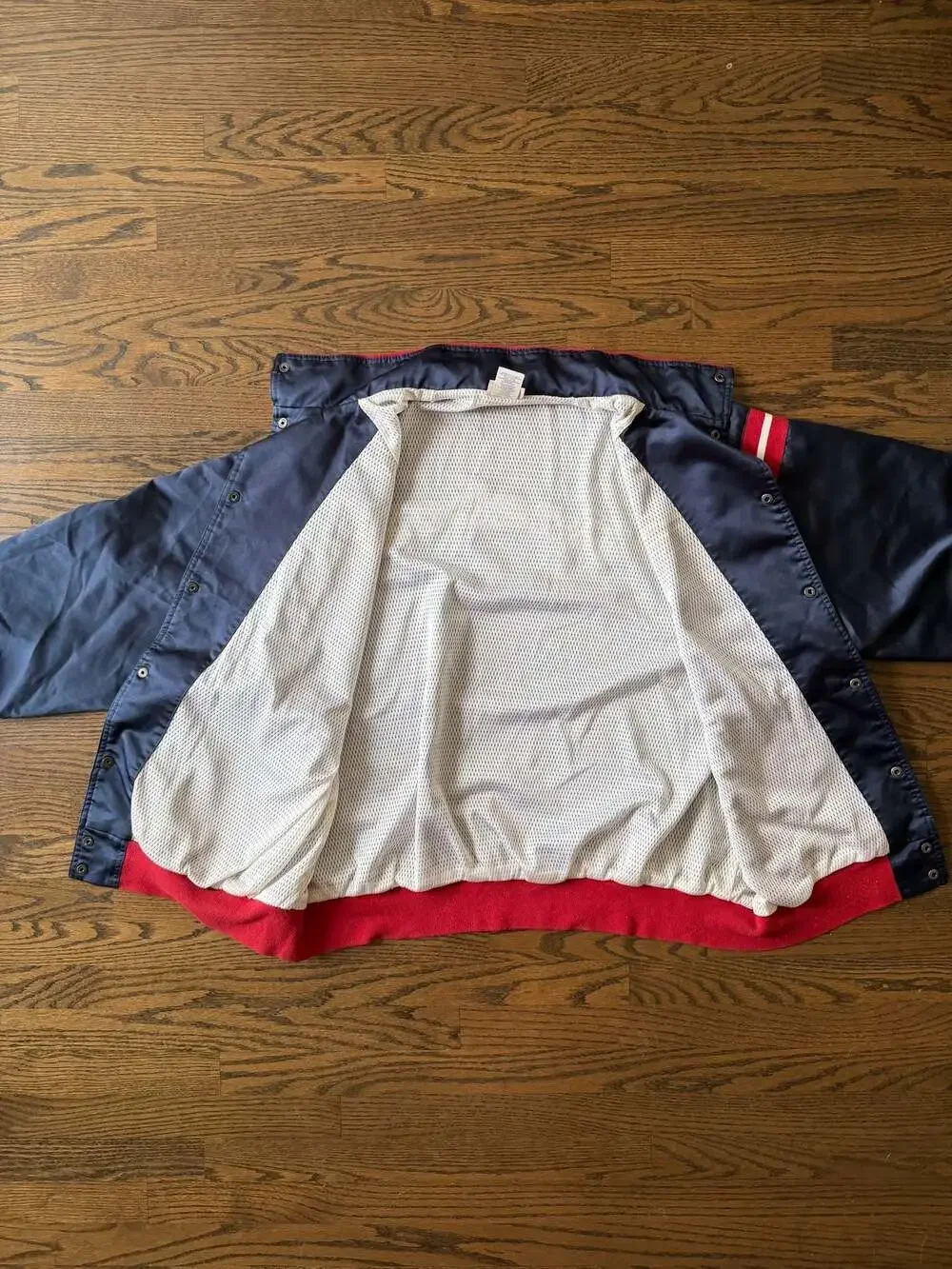 Vintage Reebok Classic Satin Snap Bomber Jacket Navy Red 2XL